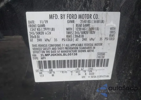 2020 Lincoln Nautilus Reserve z USA, uszkodzony, nr VIN 2LMPJ6K90LBL05138